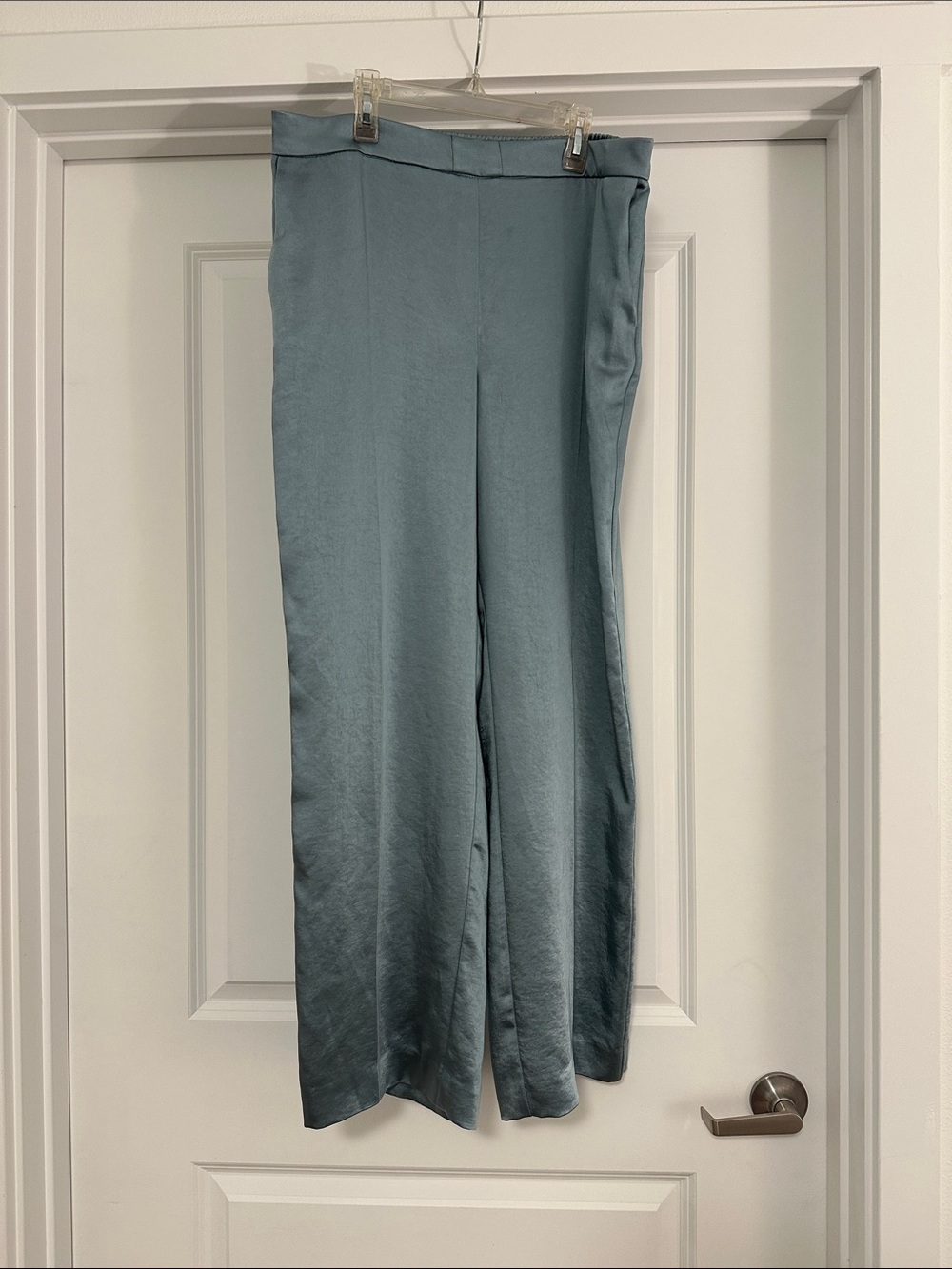 Mango Wide-Leg Satin Pants in Steel Blue